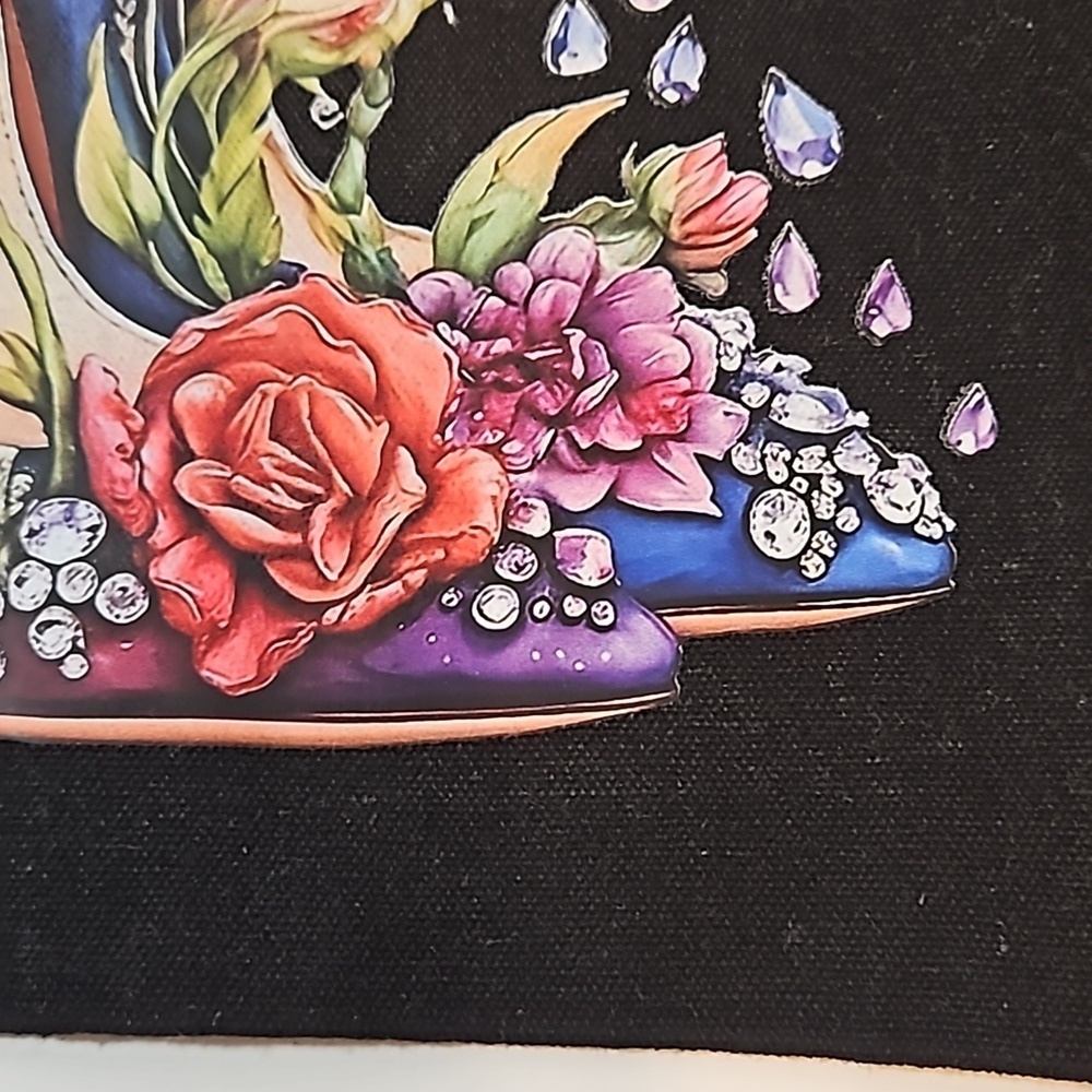 Hand Crafted Reusable Black Canvas Tote Bag 100% Cotton Floral Blue Heels 13x13" - Picture 8 of 17